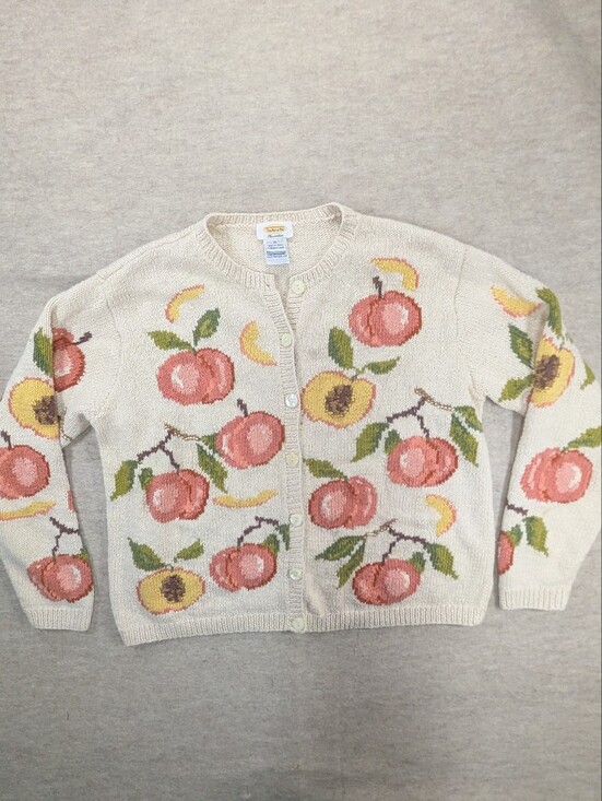 Talbots Sweaters - Vintage Fruit Peaches Knit Cardigan Linen Talbots Jacquard Cotton Rare Unique XL